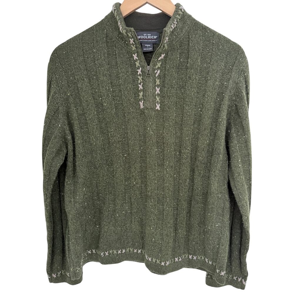 Woolrich Sweater Womens L Green Quarter Zip Knit Pullover